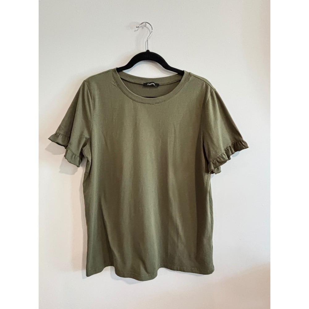 Summer Fashion Ruffle Sleeve Shirt Top Women Large army Olive Green Crew Neck